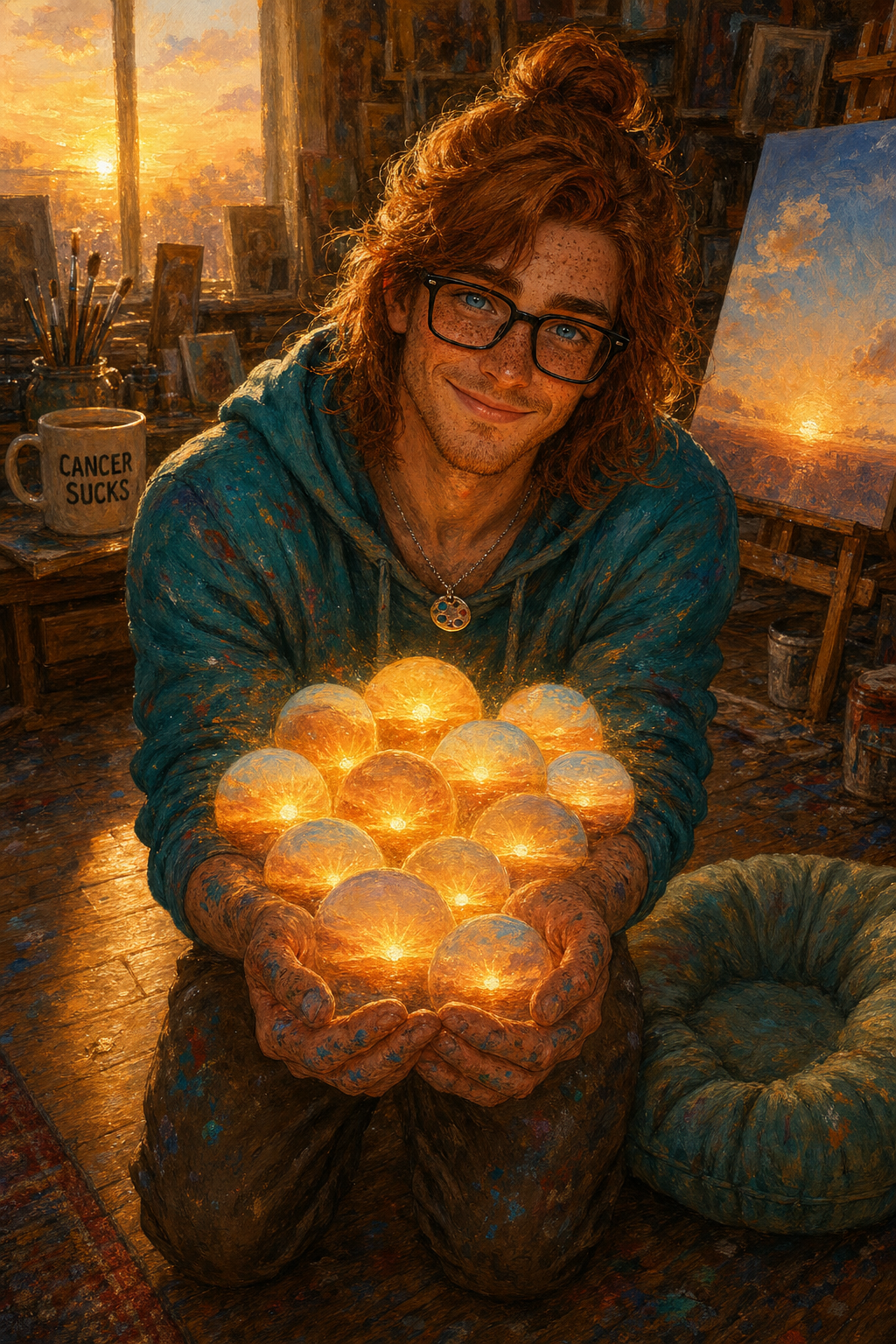 A young man with long auburn hair half-bunned and dense freckles, kneeling on a wooden studio floor in golden dawn light. His arms are full of ten tiny glowing sunrises like little suns made of cupped golden light. He looks up at the viewer with a tender, devoted, sky-eyed grin. A silver palette pendant rests at his throat. Beside him, an empty cushion waits for someone. The CANCER SUCKS mug sits on the table behind him.