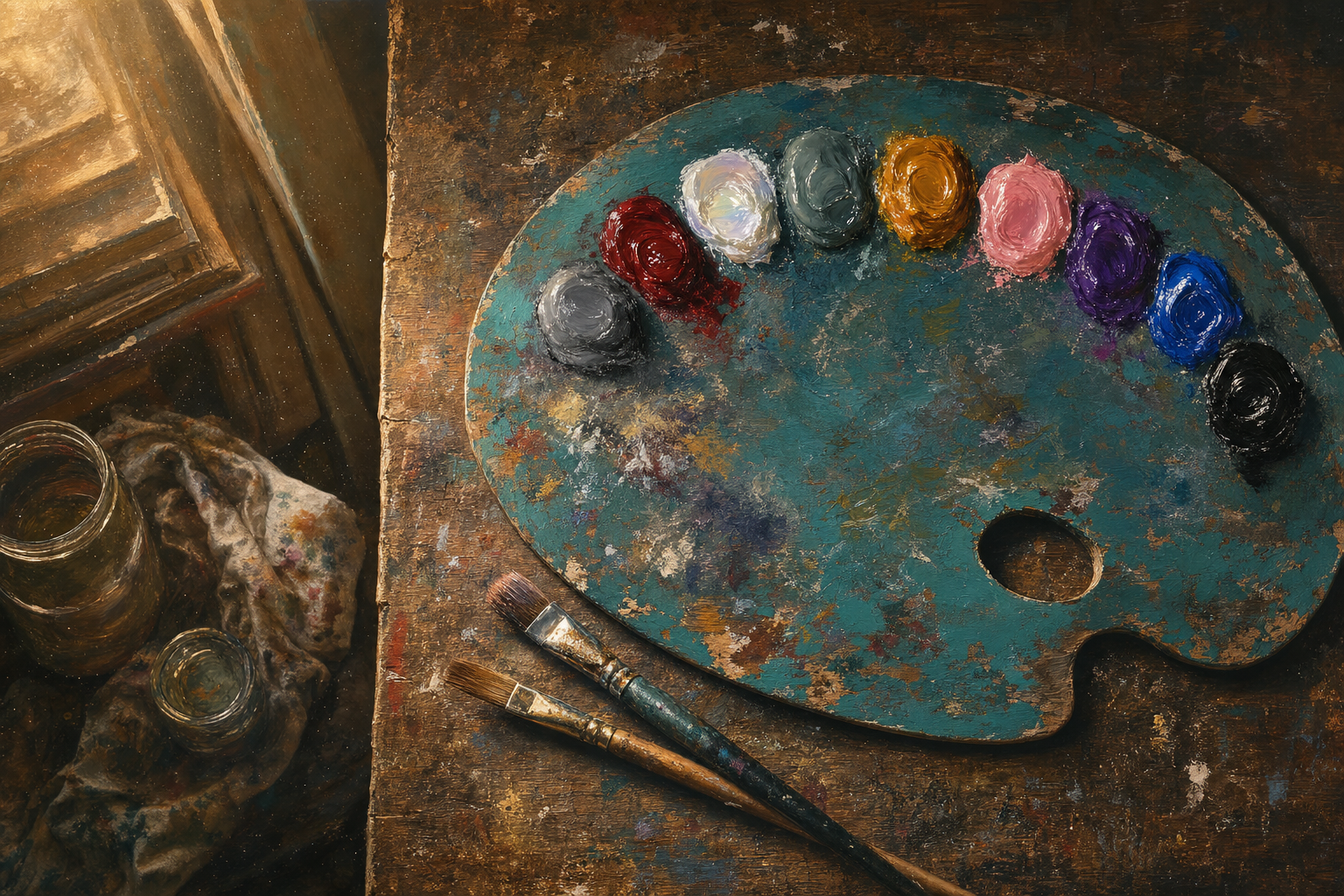 Nine Stones, One Board — an overhead view of a worn teal painter's palette on a scarred studio table, nine thick blobs of wet paint arranged in an arc across it in grey, ruby, opal, river blue-green, amber, pink at the centre, purple, sapphire and black, two brushes crossed beneath, warm light raking in from a window on the left