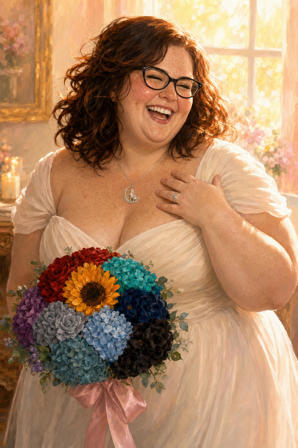 A painterly bridal portrait of a plus-size woman in a soft ivory gown, caught mid-laugh with her eyes crinkled shut and one hand at her chest, black cat-eye glasses, dense freckles across her nose and cheeks, a silver wolf-on-crescent-moon pendant and a Claddagh ring, holding a round bouquet of nine distinct colours — crimson, amber, teal, navy, dove grey, pale blue, purple, river-stone blue-green and glossy black — bound with a wide pastel pink ribbon around a single bright sunflower, in golden window light