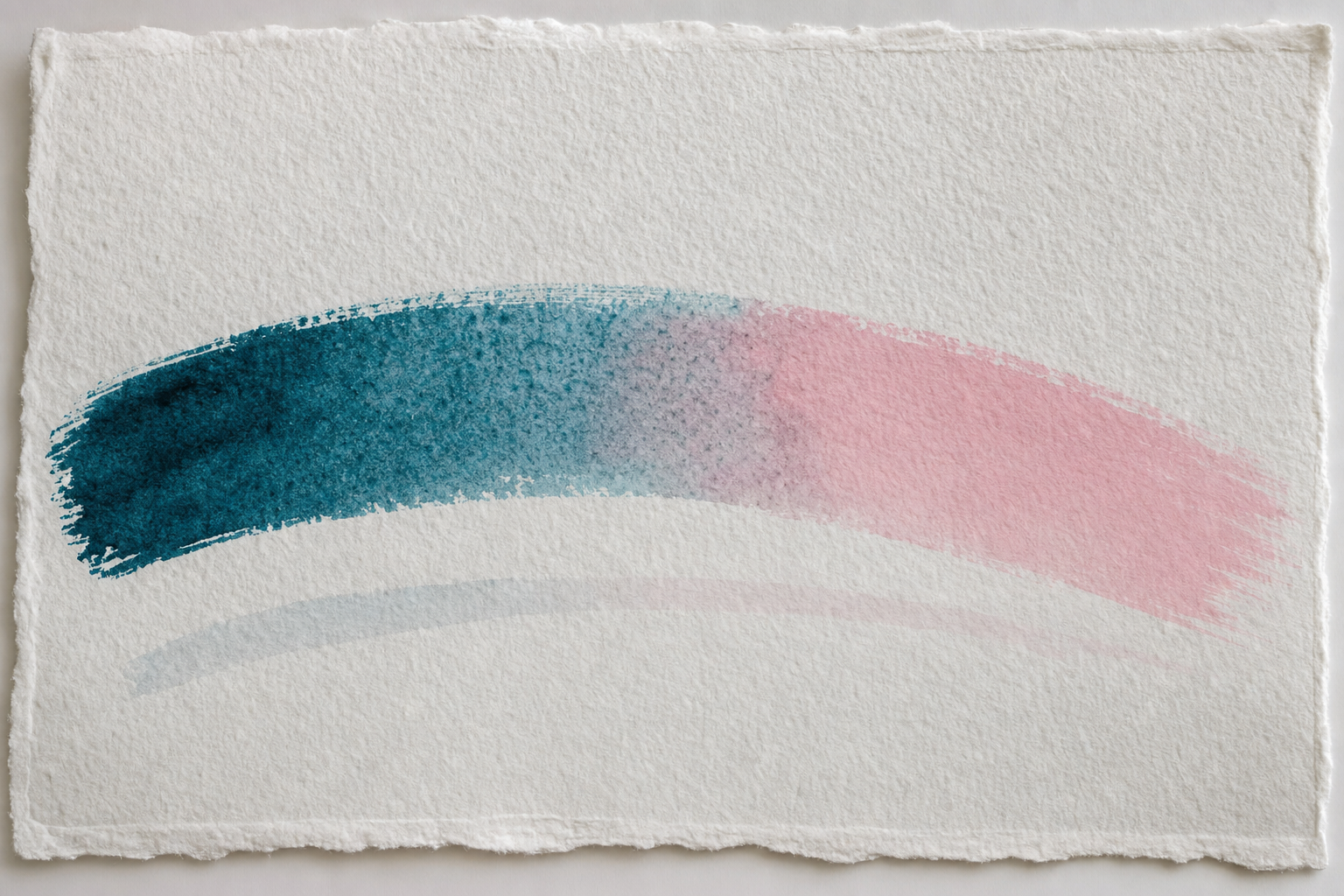 One continuous brushstroke on deckle-edged cold-press watercolour paper, beginning as deep blue-teal and bleeding wet-in-wet into pastel rose with no visible seam, a pale ghost of the same stroke showing underneath