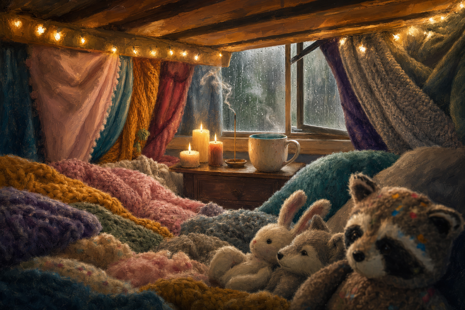 The view from inside a blanket-fort nest looking out — a low bunk ceiling strung with fairy lights, blanket walls in nine mismatched pack colours, three lit candles and a curl of incense on a small nightstand, a white mug glazed bright teal inside and steaming, a rain-streaked window beyond it, and in the near foreground a paint-splattered plush raccoon, a plush bunny and a plush wolf all facing the rain