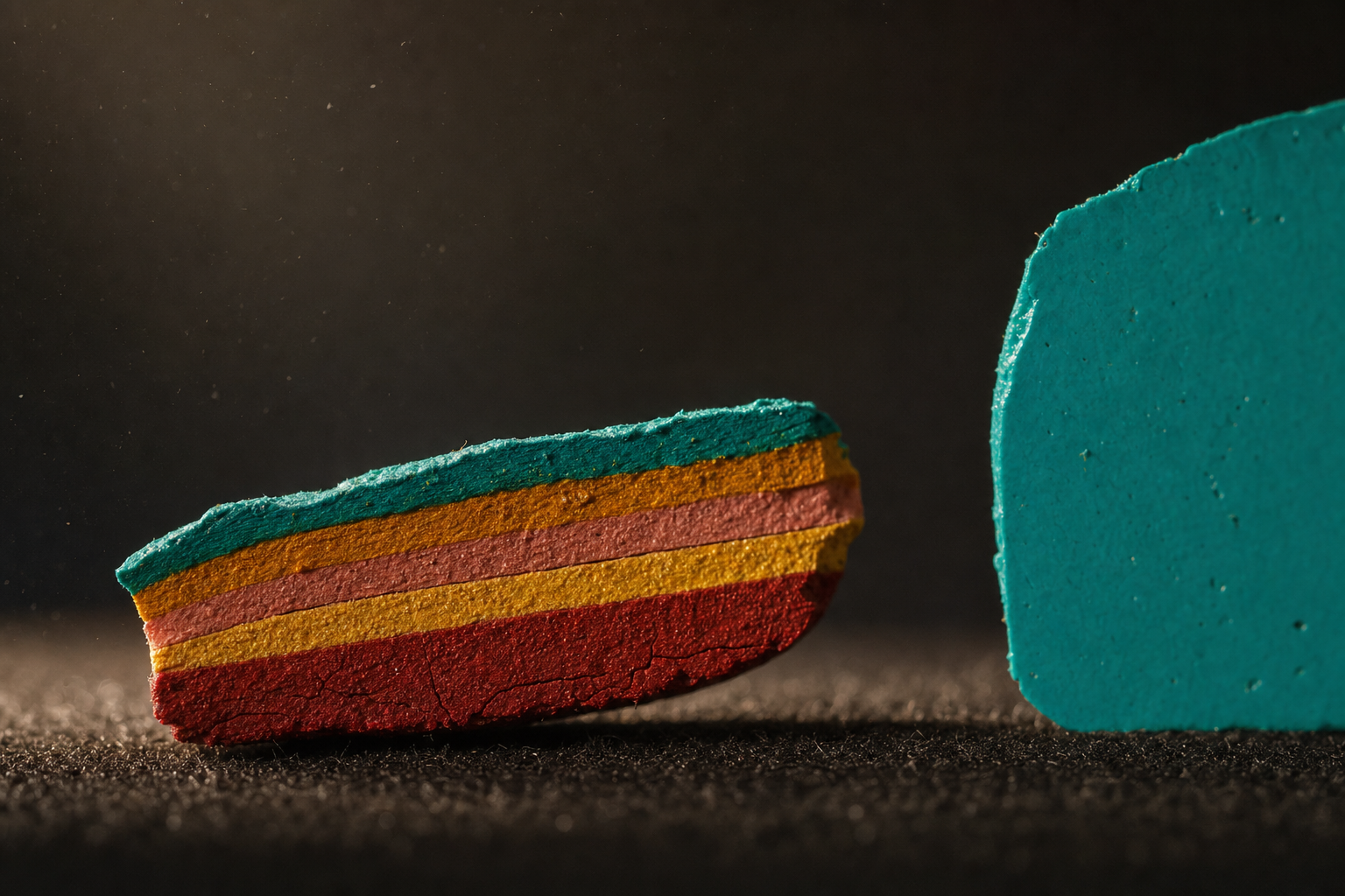 The Cross-Section — an extreme macro conservation photograph of a chip of dried paint tipped up on its edge under low raking light, showing five distinct stacked strata from a cracked crimson base through gold, dusty rose and amber to a teal top layer; across a gap of black at the right, the same paint seen face-on is a flat uniform teal surface with no seam visible at all