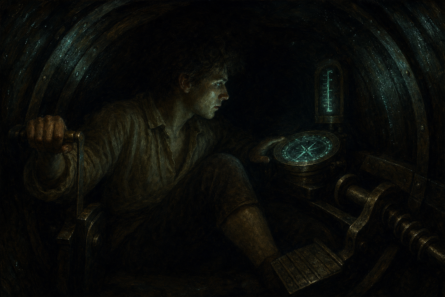 Inside the Turtle, David Bushnell's 1775 one-man wooden submarine: a young Continental pilot wedged into a cramped oak-and-brass hull, one fist on the crank, his face turned toward a compass whose dial glows faint cold blue-green with foxfire. No flame anywhere. The glow lifts only his cheekbone, the wet of his eye and his knuckles; everything else falls into brown-black dark, water beaded on the hull catching tiny green glints.