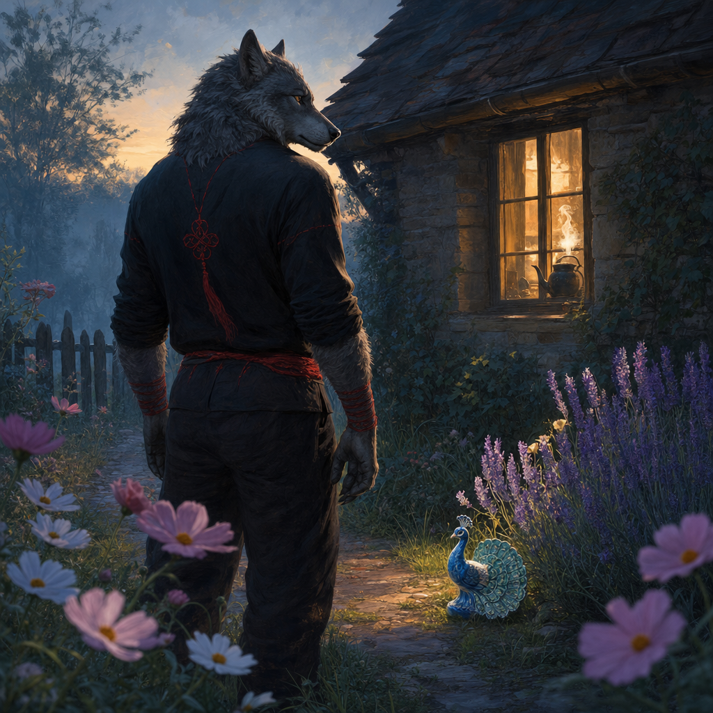 A tall broad-shouldered grey wolf man stands on a garden path at first light, back to the viewer, head turned over his shoulder toward a lit cottage window where a kettle steams on the sill. A crimson thread motif runs down the spine of his dark shirt and around a red sash at his waist. At his feet, where the flower bed meets the path, a small blue ceramic peacock glows pale beside tall purple lavender. Cosmos flowers crowd the foreground in blue dawn light.