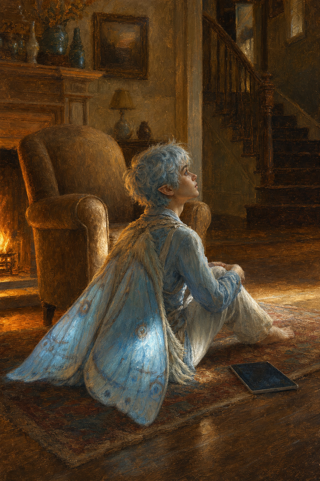A small moth-winged young man with pale blue hair and soft dusty-blue luminous wings sits on a patterned rug in a warm firelit living room, arms around one knee, barefoot, chin lifted. The fire burns behind him at his left; he faces away from it, toward a dark staircase in the background. His tablet lies face-down on the floor beside him. Golden light on one side, cool blue glow off the wings on the other.