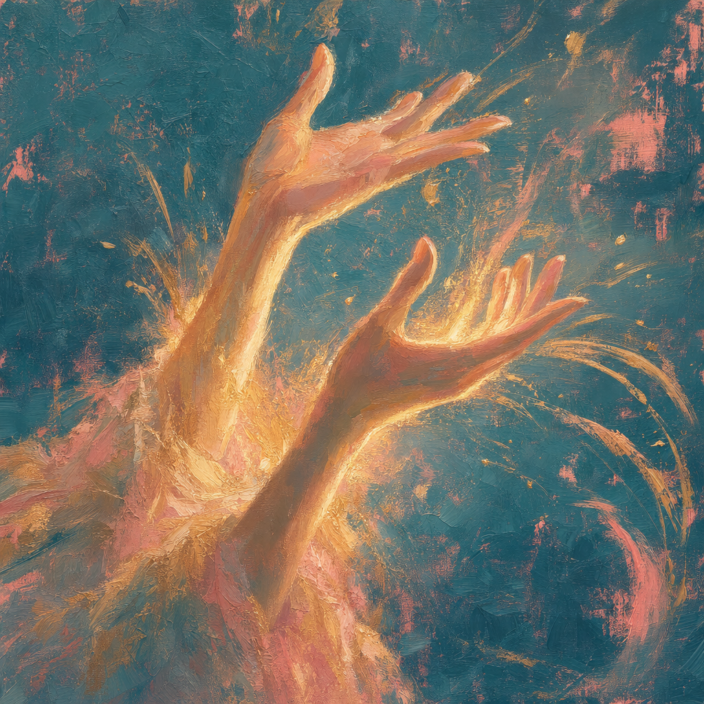 Happy Flappy — hands mid-flap, gold light spilling from the wrists, pink underpainting glowing up through teal