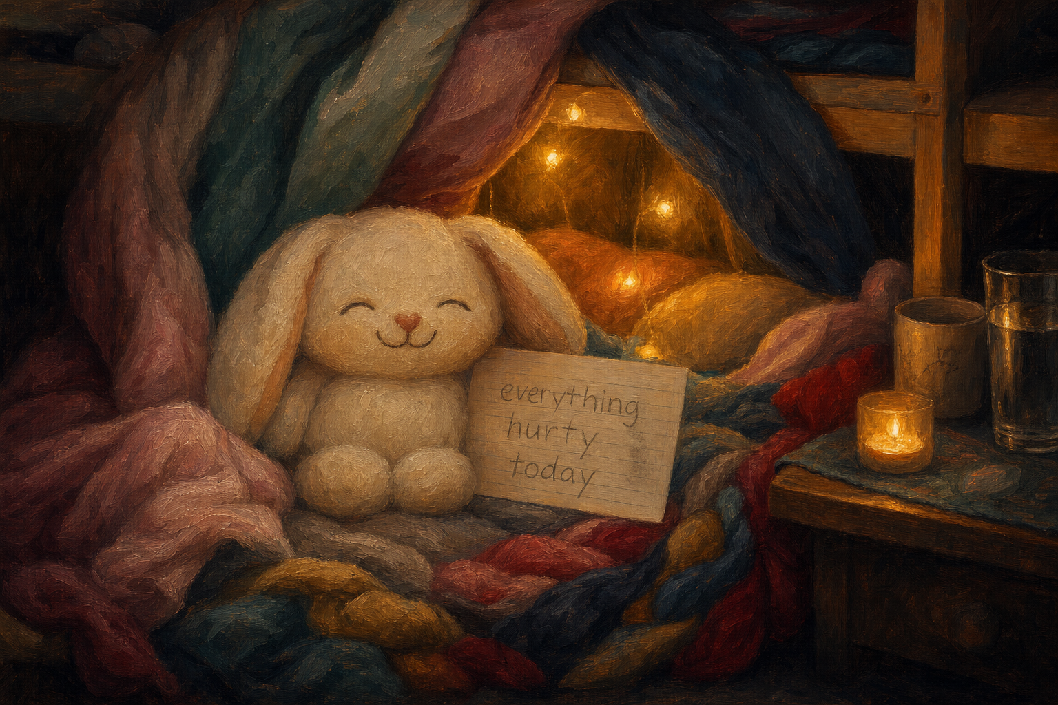 The Card She Never Crossed Out — a reversible plush bunny turned happy-side-out at the mouth of a blanket den, fairy lights glowing gold through the fabric, and a pencil-written index card reading everything hurty today leaning against her side, uncrossed