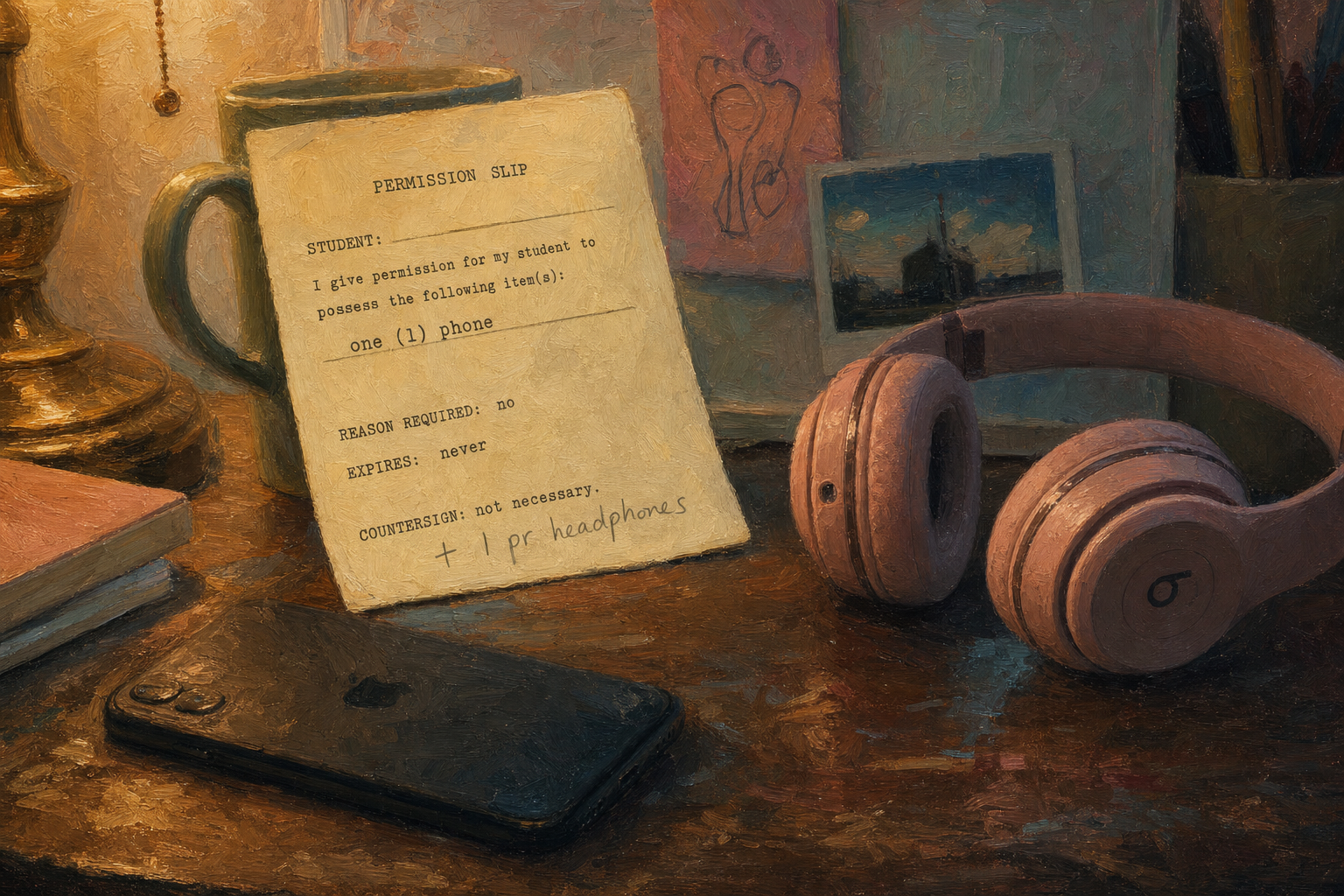 The Countersign — a worn cream permission slip propped against a teal mug on a lamplit desk, reading one (1) phone, reason required no, expires never, countersign not necessary — with a pencil amendment reading plus one pair headphones written straight across the countersign line, a pair of pink headphones and a face-down phone beside it
