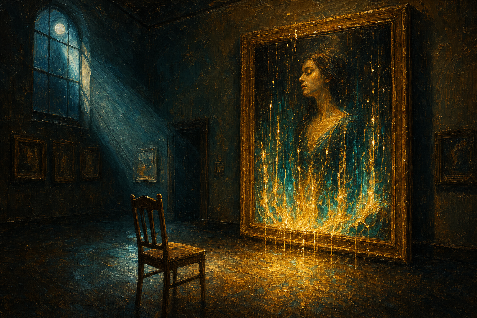 The Gallery Goes Dark — a moonlit empty gallery, one portrait whose ground layer runs molten gold and teal up through the surface and out past the frame, pooling across the floor to an empty chair
