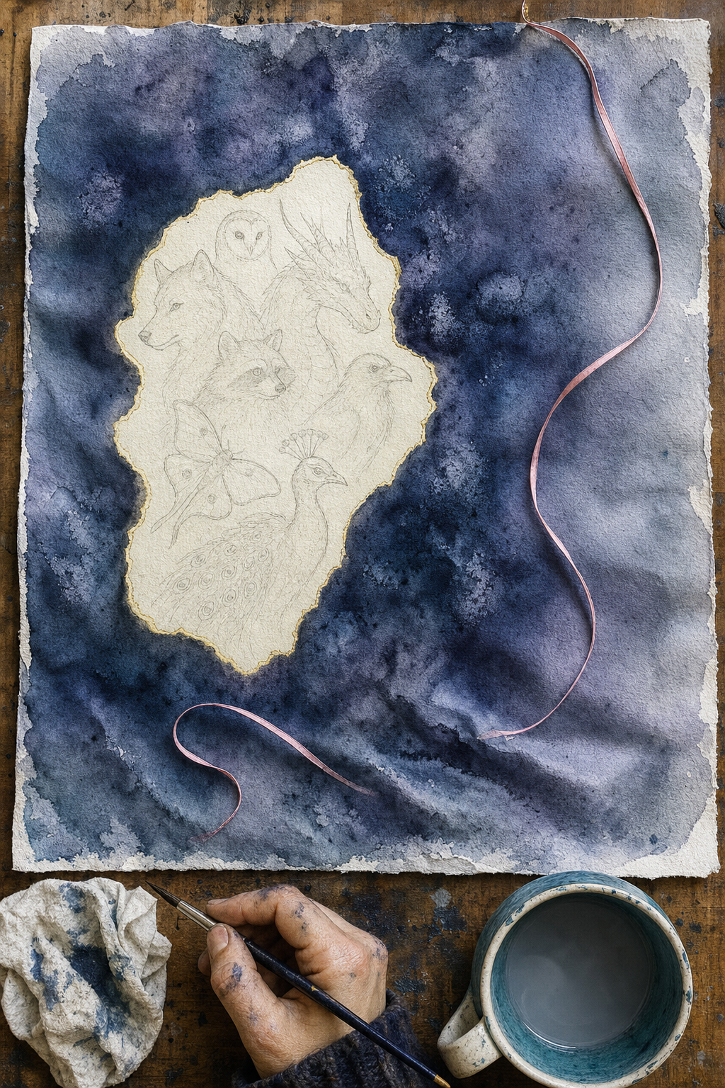 The Reserved White — a buckled watercolour sheet flooded edge to edge in storm indigo, with one irregular patch of raw untouched paper glowing at its centre, seven animals drawn there in pencil only and never painted, a thin gold tidemark where the dark was stopped, and a pink ribbon crossing the whole storm from off-page without taking the dye