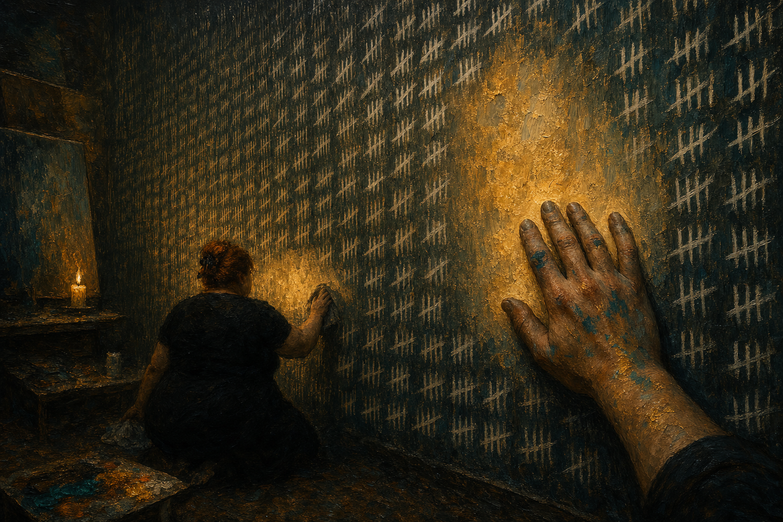 The Tally Wall — a studio wall covered floor to ceiling in ten thousand chalk tally marks, a woman kneeling in shadow wiping one away, and gold light burning up through the plaster where the marks were erased
