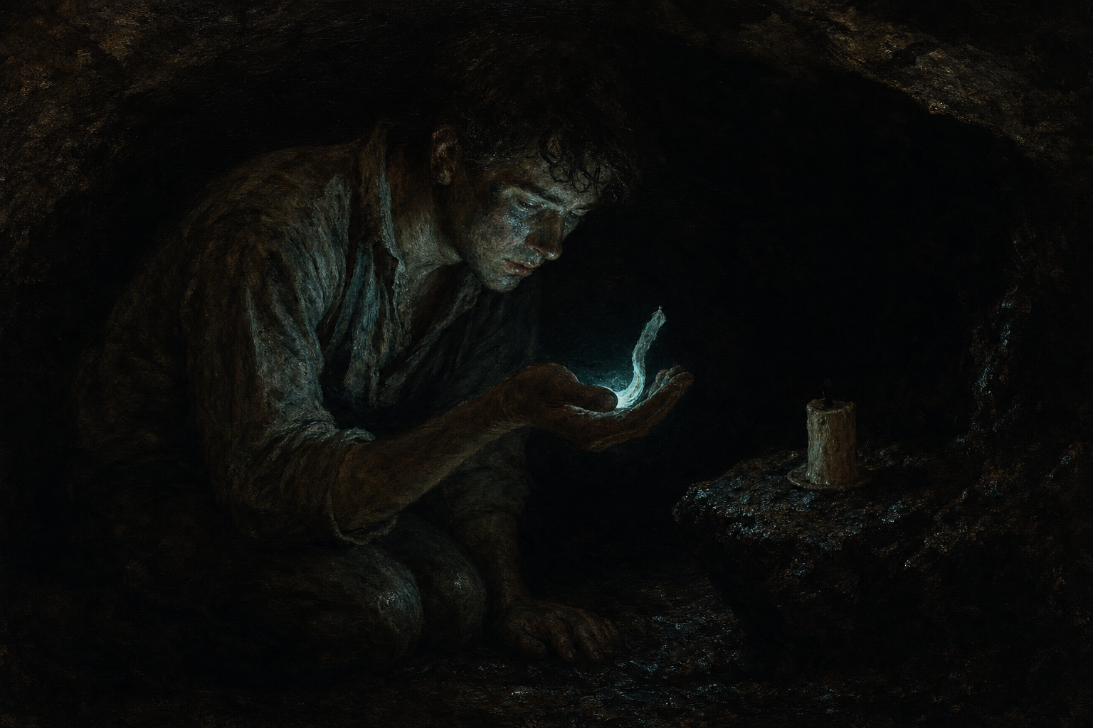 An 1800s coal miner crouched in near-total blackness underground, cupping a small curl of dried bioluminescent fish skin in his bare palm; its faint pale blue-green glow is the only light in the painting, lifting his cheekbone and the rim of his fingers. An unlit tallow candle sits on a rock shelf beside him, unlightable because the air is full of firedamp.