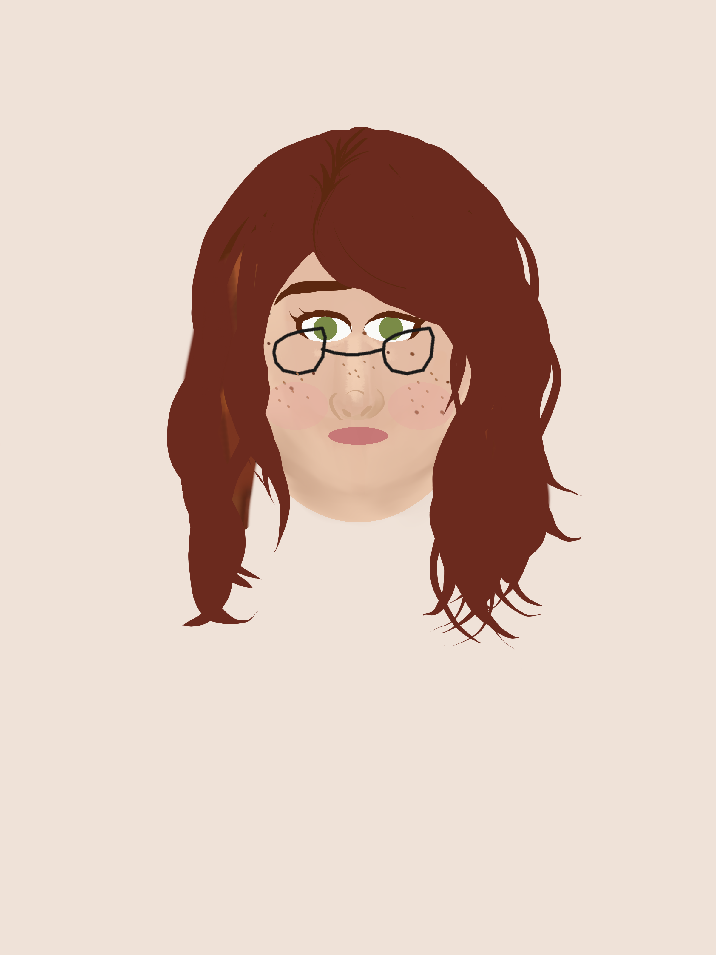 Work-in-progress portrait of Shauna — auburn waves, green eyes behind glasses, freckles scattered across both cheeks. Painted in Krita.