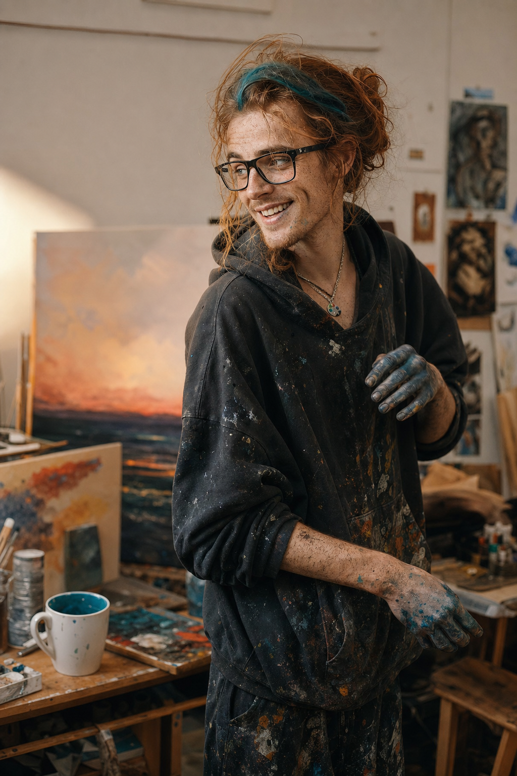 Charlie as he feels from the inside — tall and lanky in a paint-wrecked hoodie, auburn hair falling out of a knot with an accidental teal streak swept through the front, crooked black square glasses, freckles like brush-spatter, both hands stained teal past the wrists, a silver palette pendant at his throat, caught mid-laugh half-turned away from the camera in an evening studio, a sunrise canvas on the easel behind him and a teal-glazed mug within reach
