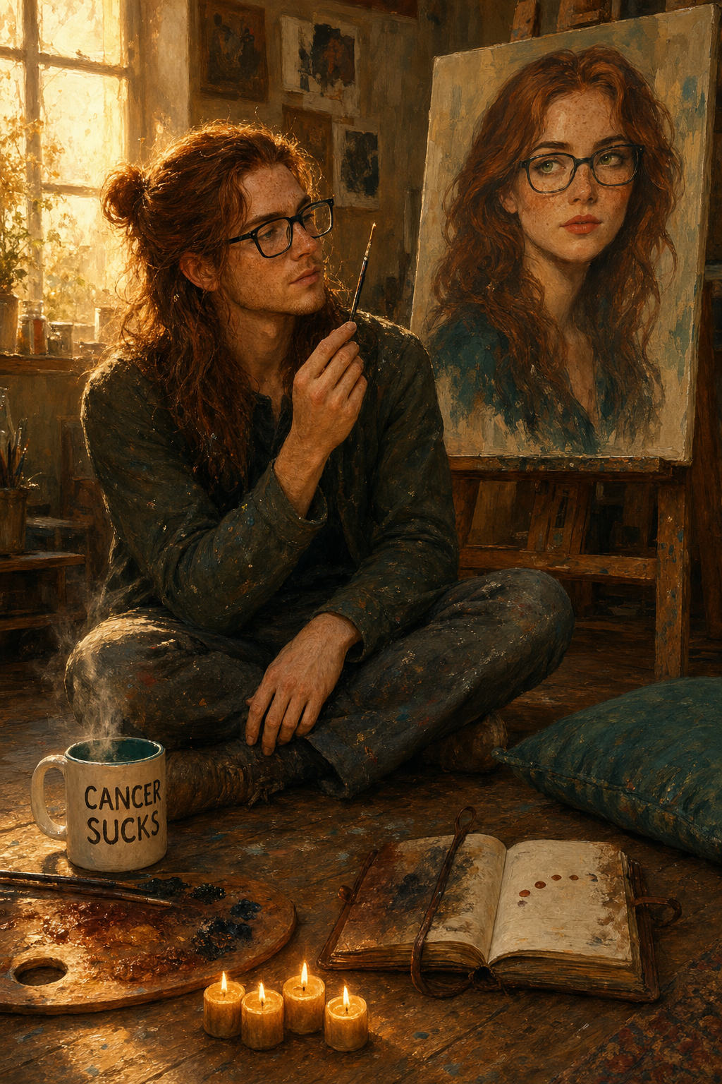 Day Four — The Brush Before the Stroke — Charlie cross-legged on the studio floor at morning golden hour, examining a small detail brush in the warm window light, CANCER SUCKS mug steaming beside him, four lit beeswax candles in a row, open sketchbook with cinnamon dots inked across the page, teal cushion saved beside him, the portrait of Shauna on the easel behind him showing auburn waves, glasses, freckles, and the first dimple on her left cheek.