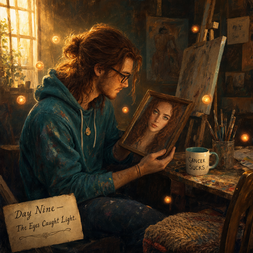 Day Nine — The Eyes Caught Light — Charlie in the studio at golden hour holding a small framed portrait of Shauna, the painted eyes catching real window light, nine glowing sunrise-orbs floating around him, the CANCER SUCKS mug and the saved chair beside him