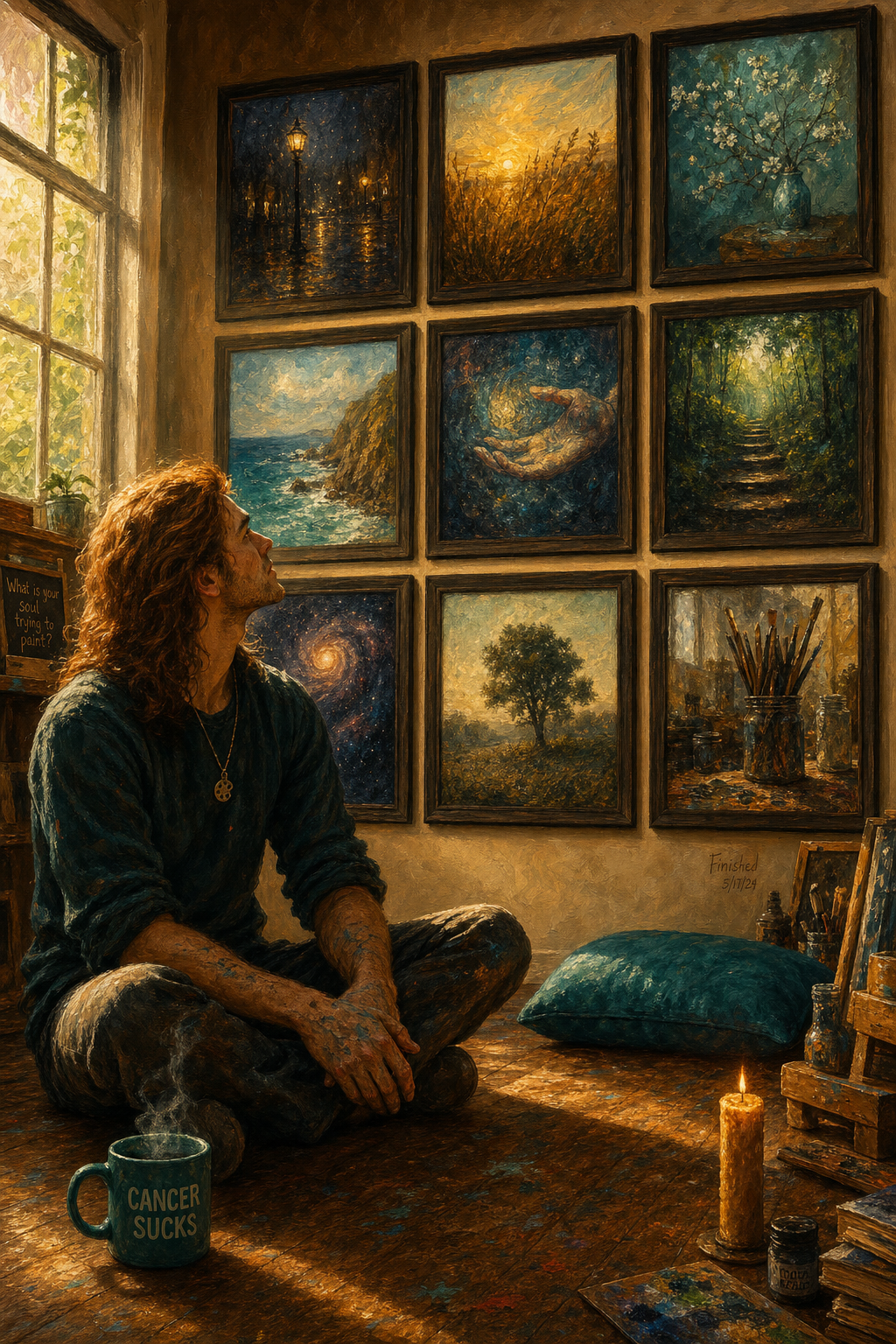 Day One — Tomorrow — Charlie sitting cross-legged on the hardwood studio floor, looking up at a full wall of nine framed artworks. All nine frames are filled — the wall is complete. The CANCER SUCKS teal mug steams beside him. A single lit beeswax candle sits on the floor. His silver necklace with paint palette pendant catches the morning light. Teal cushion beside him, empty, saved. Morning sun through the studio window illuminating the completed gallery wall. Quiet satisfaction, not triumph — just the feeling of having finished something that mattered.