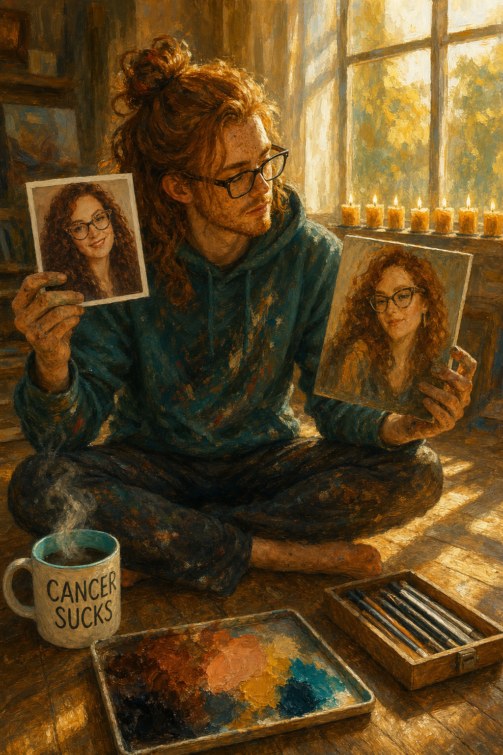 Day Six — Two Faces in the Light — Charlie sitting cross-legged on the studio floor at morning golden hour, holding the printed reference photo of Shauna in one hand and the painted portrait-in-progress in the other, comparing them in the window light. Six lit beeswax candles on the windowsill. The CANCER SUCKS mug steaming beside him, open paint palette and brushes on the floor.