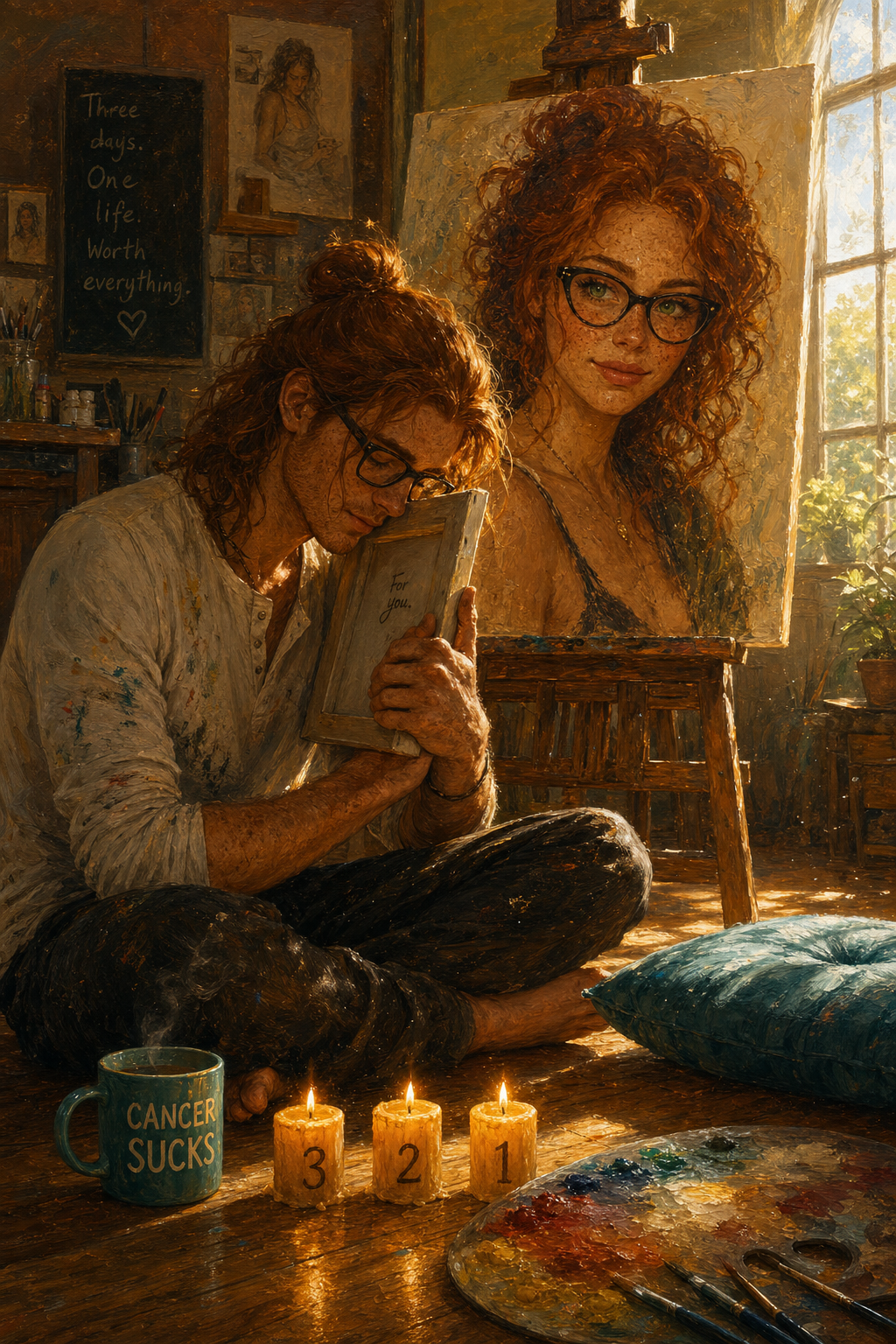 Day Three — Worth Everything — Charlie cross-legged on the sunlit studio floor, eyes closed, pressing a small canvas against his chest like a love letter. Three numbered candles (3, 2, 1) burn on the floor beside him. The CANCER SUCKS teal mug steams nearby. Behind him on the easel, Shauna's nearly-finished portrait glows in golden morning light — auburn curls, green eyes, cinnamon freckles. A chalkboard in the corner reads 'Three days. One life. Worth everything.' Teal cushion saved beside him, empty, waiting. Golden dust motes in the sunbeams.