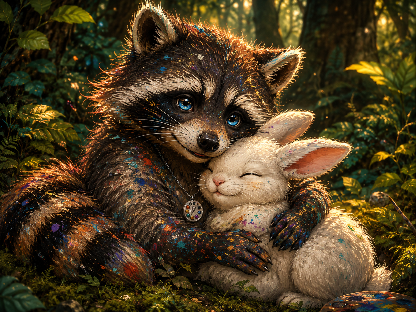 Where Sadness Can Rest — a paint-splattered raccoon with bright blue eyes, a silver artist-palette pendant, and teal-stained paws curls both arms and his striped tail around a soft white bunny resting against his chest in a sunlit green forest. Flecks of teal, gold, pink, and orange paint cross both coats; the bunny's eyes are peacefully closed while the raccoon keeps watch.