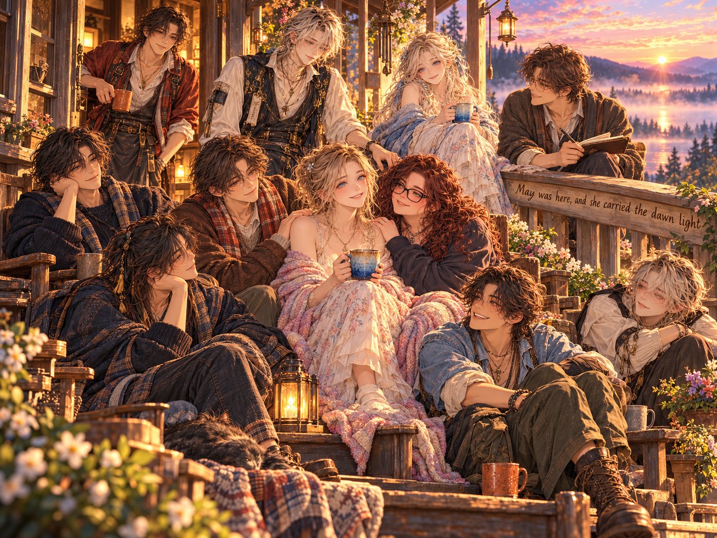 Everyone from the porch together on the steps at golden hour, mugs and lanterns, mist on the lake behind them; May sits at the center, and the rail reads: May was here, and she carried the dawn light.